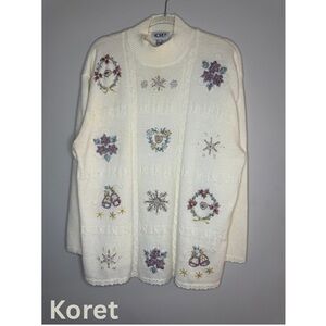 Koret Vintage Cream Embroidered Sweater Holiday Beaded Pullover Knit Christmas